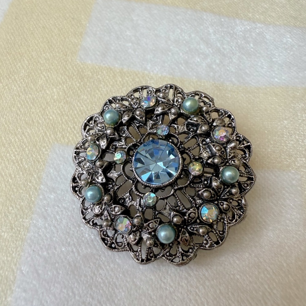 Vintage Silver and Blue Crystal Brooch
